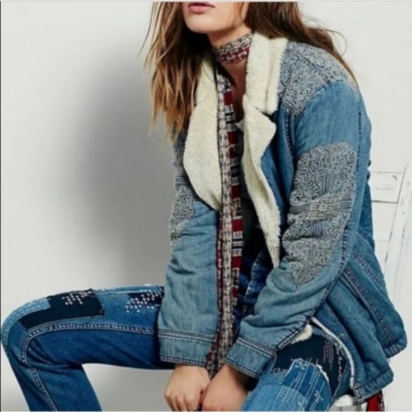 Free People Jackets & Blazers - Free People Embroidered Denim Sherpa Coat